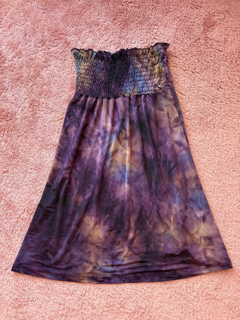Purple tie-dye strapless mini dress with ruffle trim